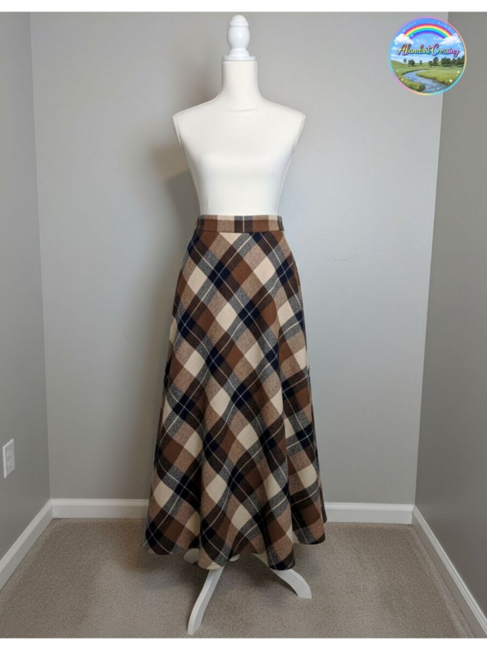 Wool Blend Plaid A-Line Pleated Maxi Skirt Elastic Waist Pockets Winter